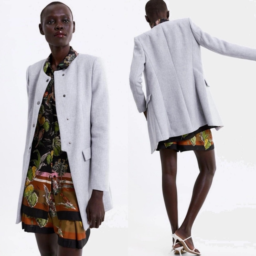 Zara Buttoned Long Blazer Gray Size S NEW